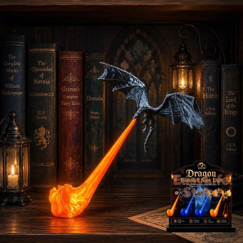 Dragon Bookshelf Nook Light 3D Fire-Breathing Shelf Decor Flying Dragon Design Book Lover Gift Halloween Display