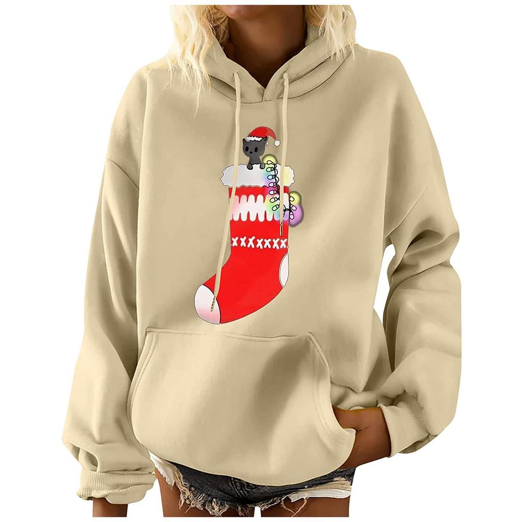 Женская мода для отдыха, рождественской вечеринки, пуловер с длинными рукавами и капюшоном с принтом, топ