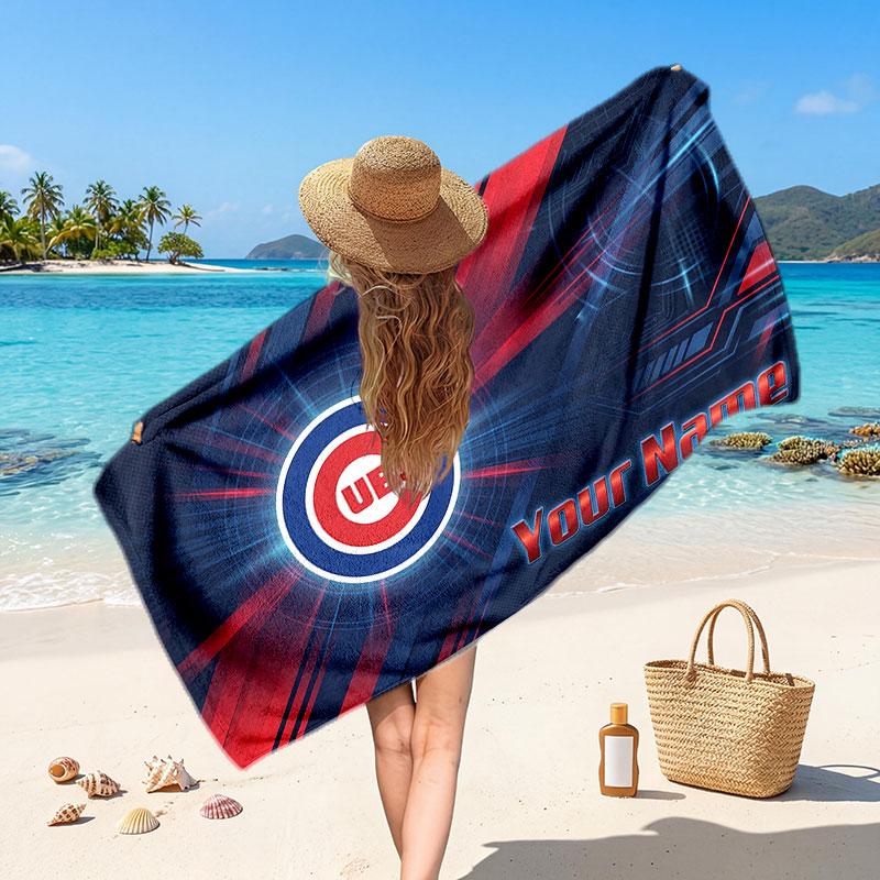 Chicago Cubs Customized Name Text Beach Towel, Soft Absorbent Towel Beach Pool Travel Personal Gift