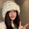 Korean Style Fluffy Wool Hat with Cute Earmuffs – Warm, Striped Design for Women with Large Head Circumference