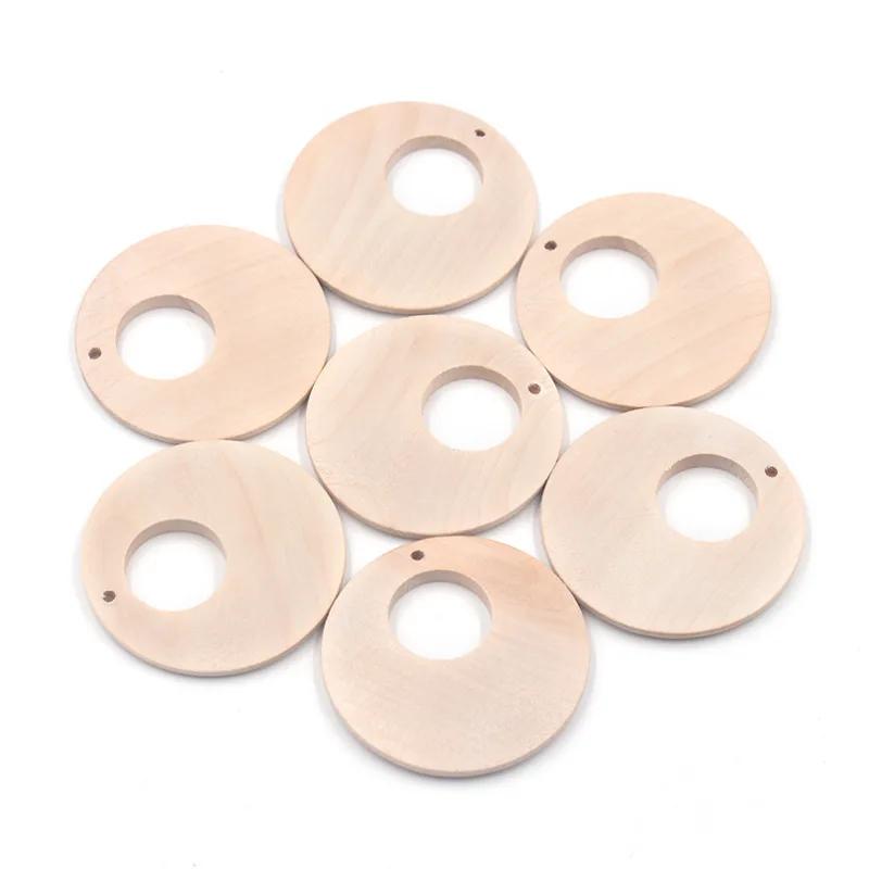 12pcs Flat Hollow Round 30 40 50mm Natural Wood Pendants Eco-friendly Beads for DIY Crafts Woodcraft Jewelry Making Accessories