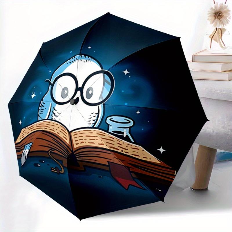 1pc Reading Owl Harry Potter Pattern Automatic 3-Fold Umbrella, 8 Iron Frames, High-Value Folding Umbrella, Suitable for Office, Travel and Outdoor Ad