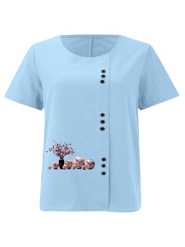 Women's Fashion Vase Print Casual Cotton Linen Short Sleeve Round Neck T-shirt Shirt Leisure Loose Summer Blouse Tops
