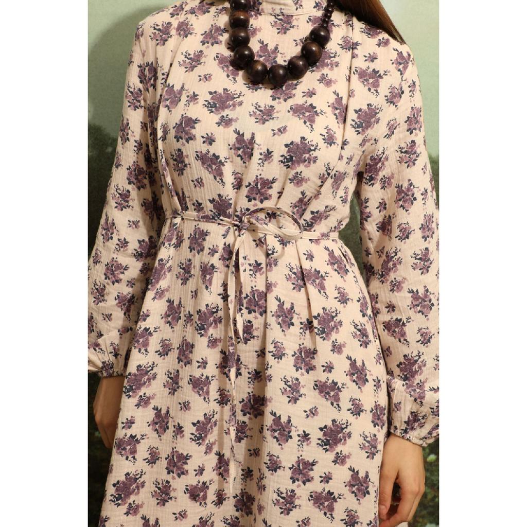 Floral Patterned Muslin Dress Black