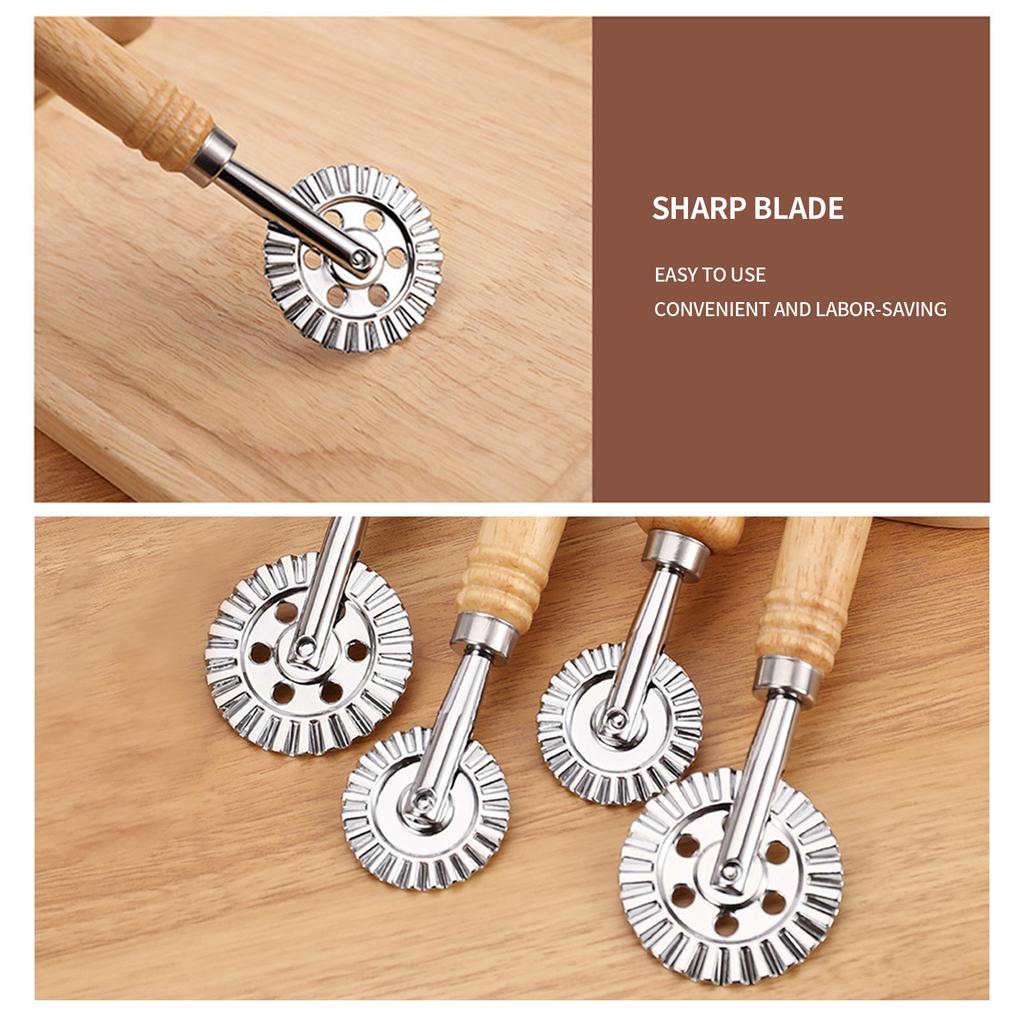 2 Pcs Biscuits Wheel Cutter, Pasta Cutter Wheel, Ravioli Pizza Cutter Wheels With Long Wooden Handle Dumpling Lace Making Noodle Dough Ruffled Edge