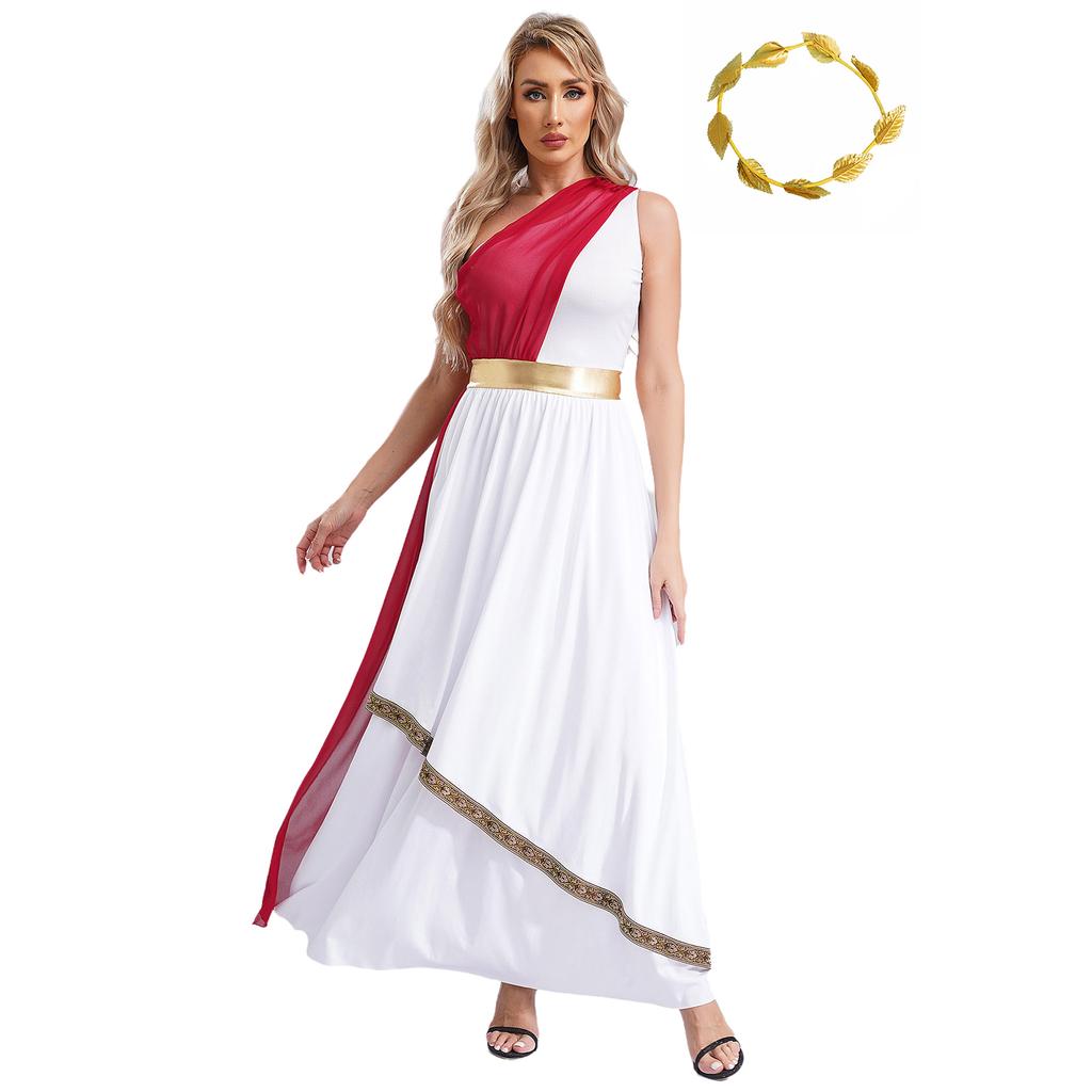Womens Ancient Greek Dance Dress One Shoulder Chiffon Overlay Vintage Trim Tunic Dress Artificial Leaf Garland Headwear