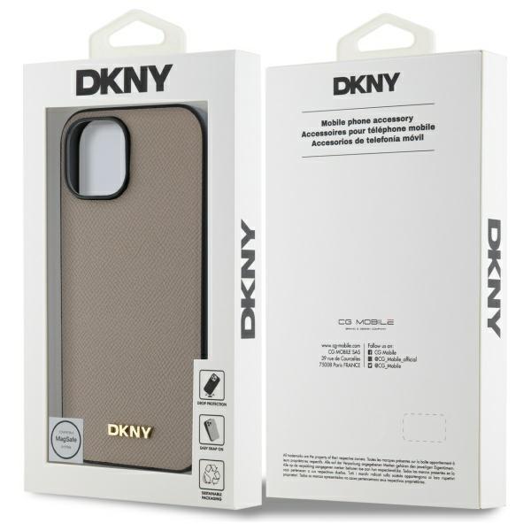 Etui do iPhone 15 DKNY Grained Metal Logo MagSafe Beżowe