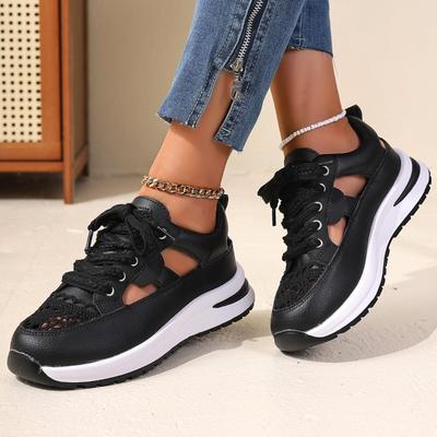 Мода 2025 Ажурные кроссовки на толстой подошве с массивной подошвой Женские летние кроссовки на танкетке со шнуровкой Удобная повседневная обувь для женщин