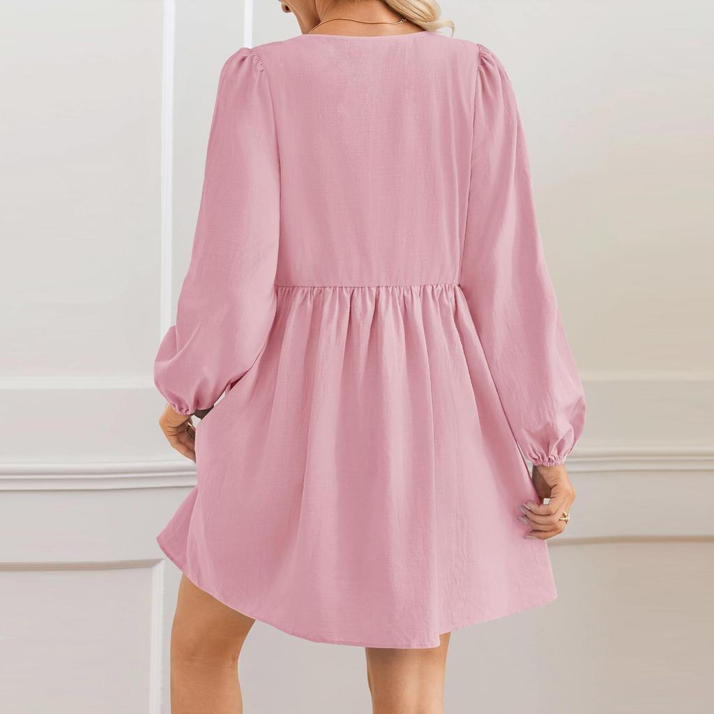 Women's Casual Fashion Lace-up A-line Pleated Long-sleeved Solid Color Short Dress