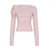 Women's One Shoulder Tie Design Solid Colour Spice Girls Pleated Waist Slim Peplum Fashion Long Sleeve Short T-Shirt