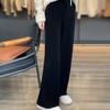 Wool Casual Pants Solid Color Straight Wide Leg Knitting Trousers with Drawstring High Waist Thickened Slacks