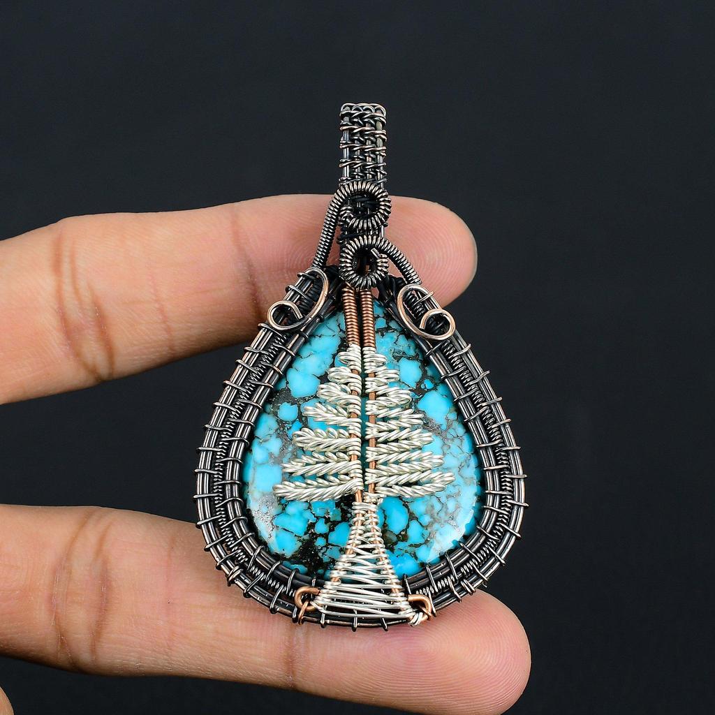 Blue Turquoise Handmade Gemstone Pendant, 999 Copper Wire Wrapped Antique Jewelry Pendant, For Engagement Gift