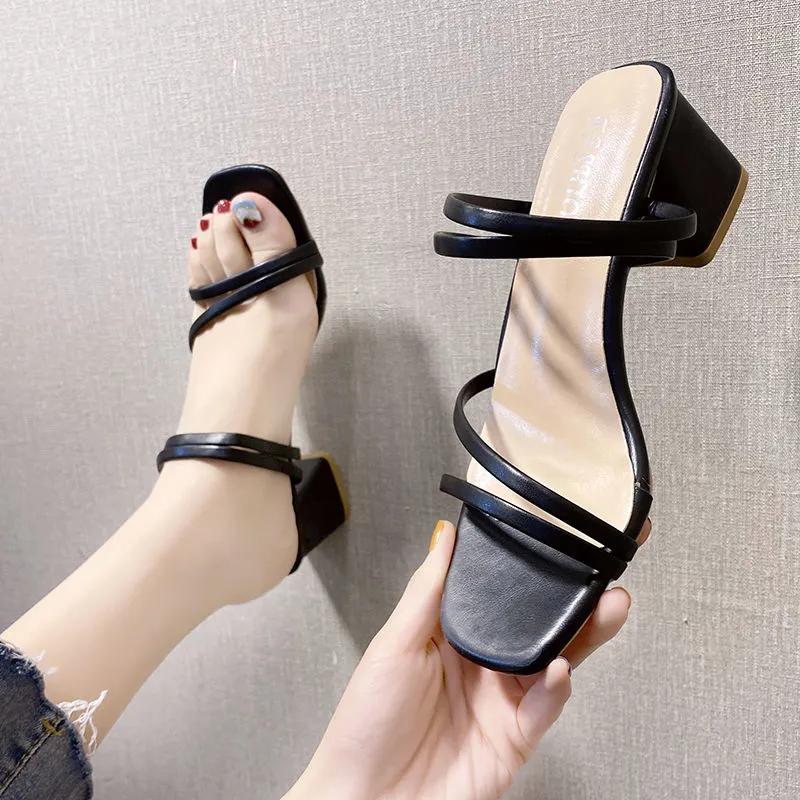 Летние женские сандалии на квадратном каблуке, элегантные тапочки, женские кожаные шлепанцы с перекрестной завязкой, женские сандалии