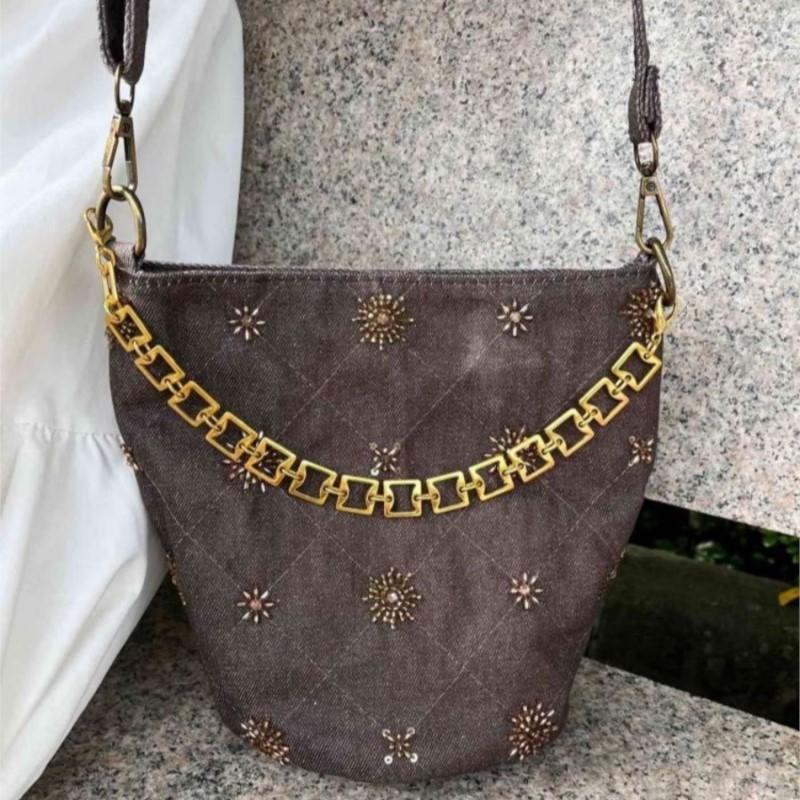 Retro Denim Bead Embroidery Shoulder Bag Women Chain Quilted Large Capacity Handbag Ladies Harajuku Versatile Crossbody Bag 2025