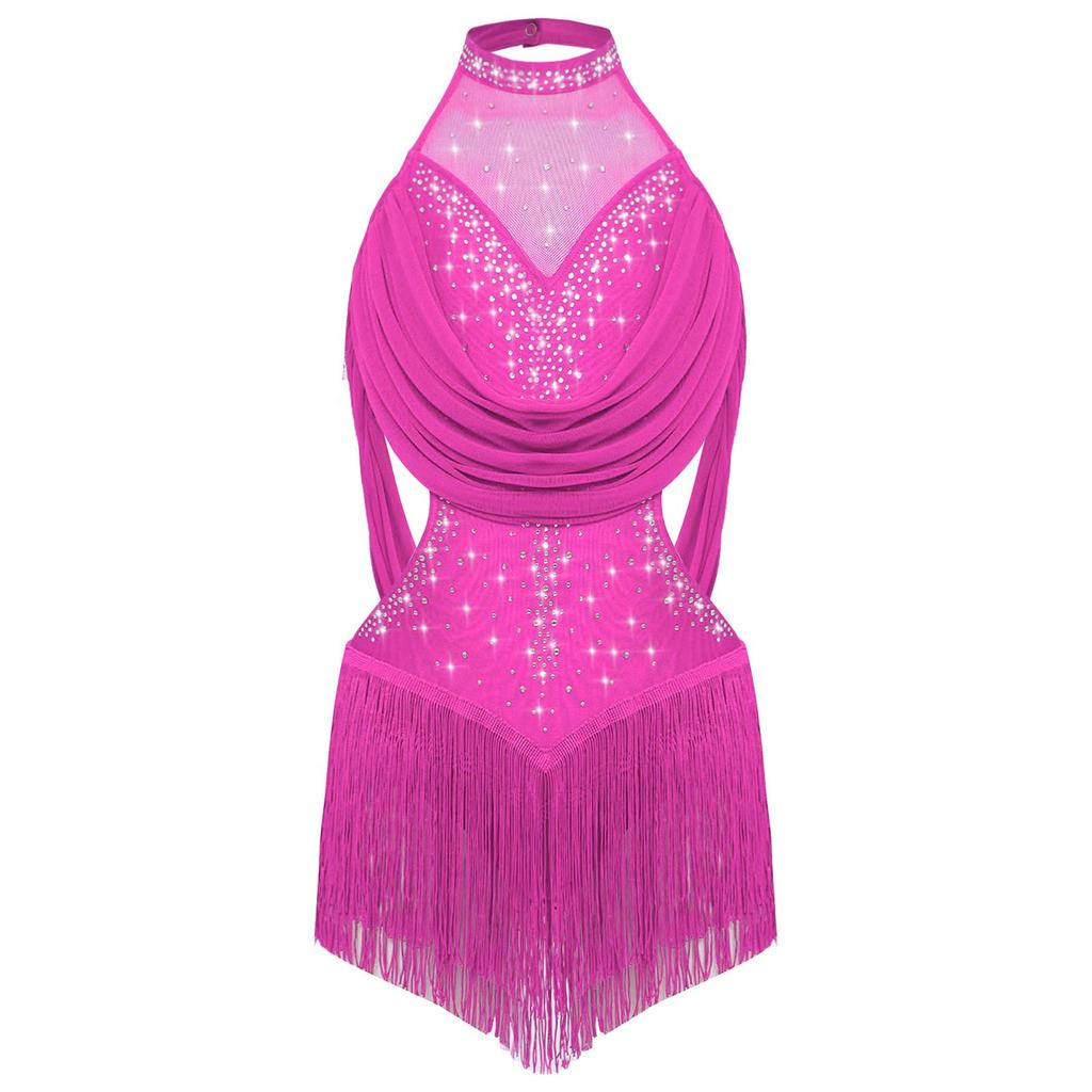 Girls Latin Dance Leotard Ruched Mesh Drapes Cutout Tassel Design Glittery Rhinestones Costume