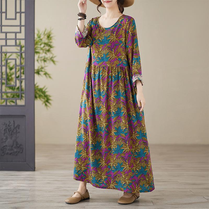 Осеннее художественное ретро-принтовое свободное утягивающее платье с длинными рукавами и средней длиной для женщин