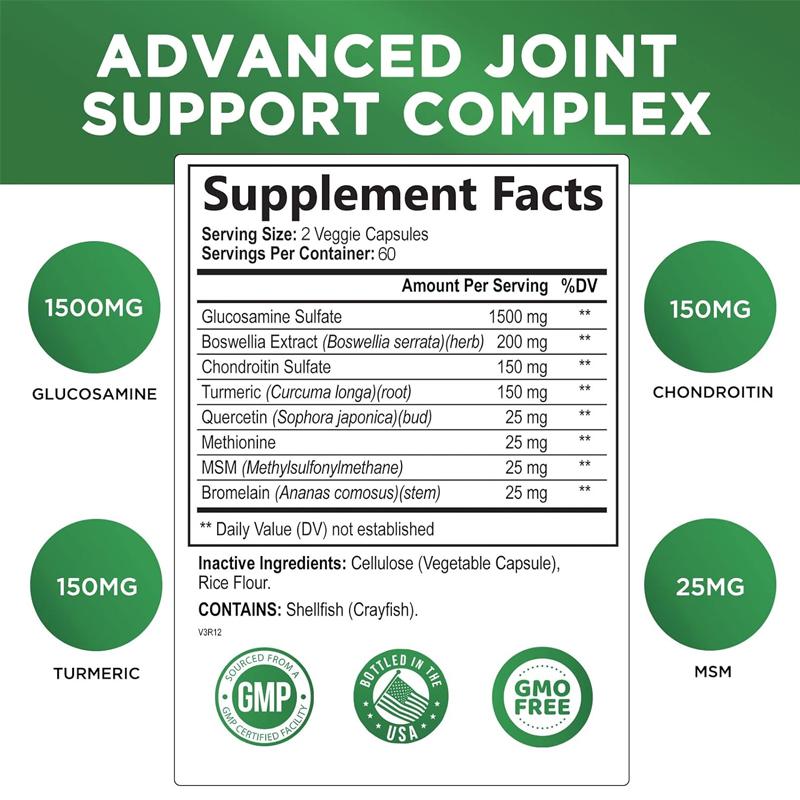GREVIP Glucosamine Chondroitin Capsules, Joint Support Supplement, Antioxidant Benefits, Relieves Back and Hand Pain