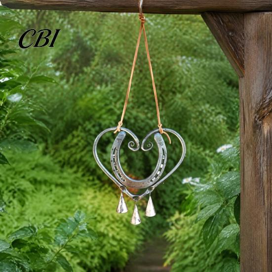 Rustic Home Entrance Decor Horseshoe Heart Shape Wind Chime for Outdoor Garden with Brass Bell Romantic Wedding Souvenir Gift Accents, Metal