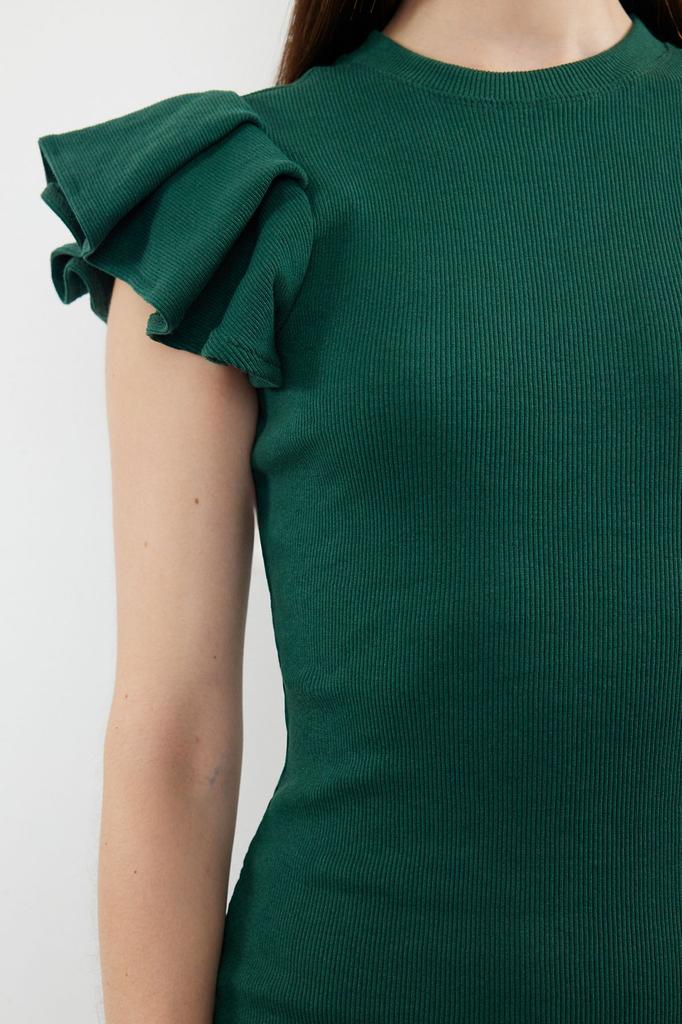 Women's Style Dress Green Ribbed Sleeves Flounce Midi Knitted Dress