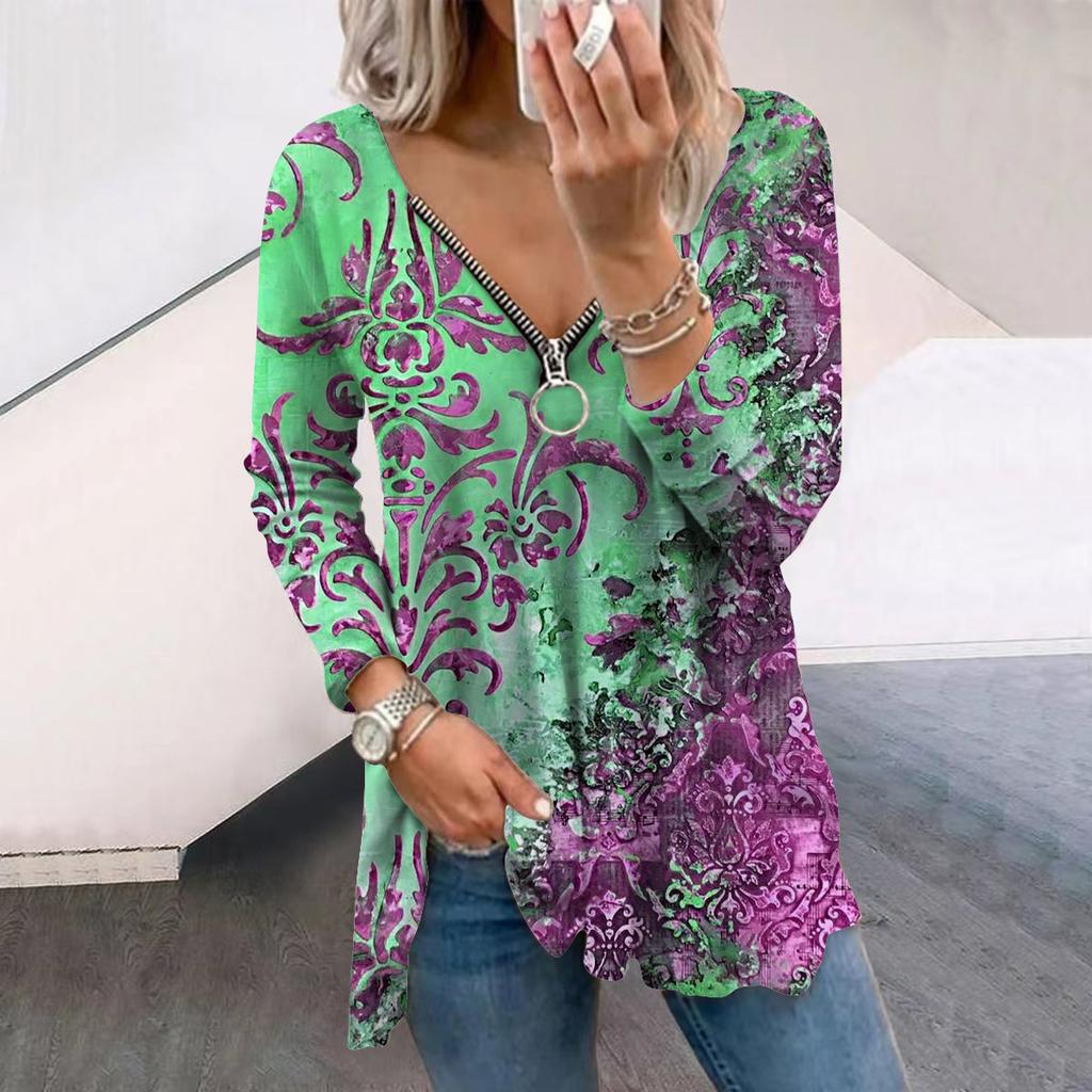 Женские осенние креативные ретро-футболки с длинным рукавом и принтом, свободные футболки с V-образным вырезом больших размеров, удобные блузки