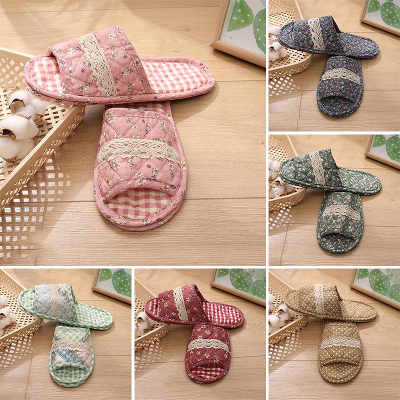 1Pair Indoor Floor Shoes Comfortable Home Slippers High Quality Floral Printed Flat Shoes Non-slip Lightweight Cotton