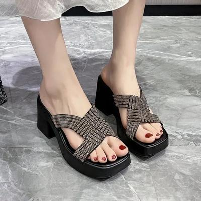 Женские открытые тапочки на платформе с пайетками, милые, элегантные, летние, модные, популярные, удобные, на высоком толстом каблуке, повседневные, черные, сандалии из искусственной кожи