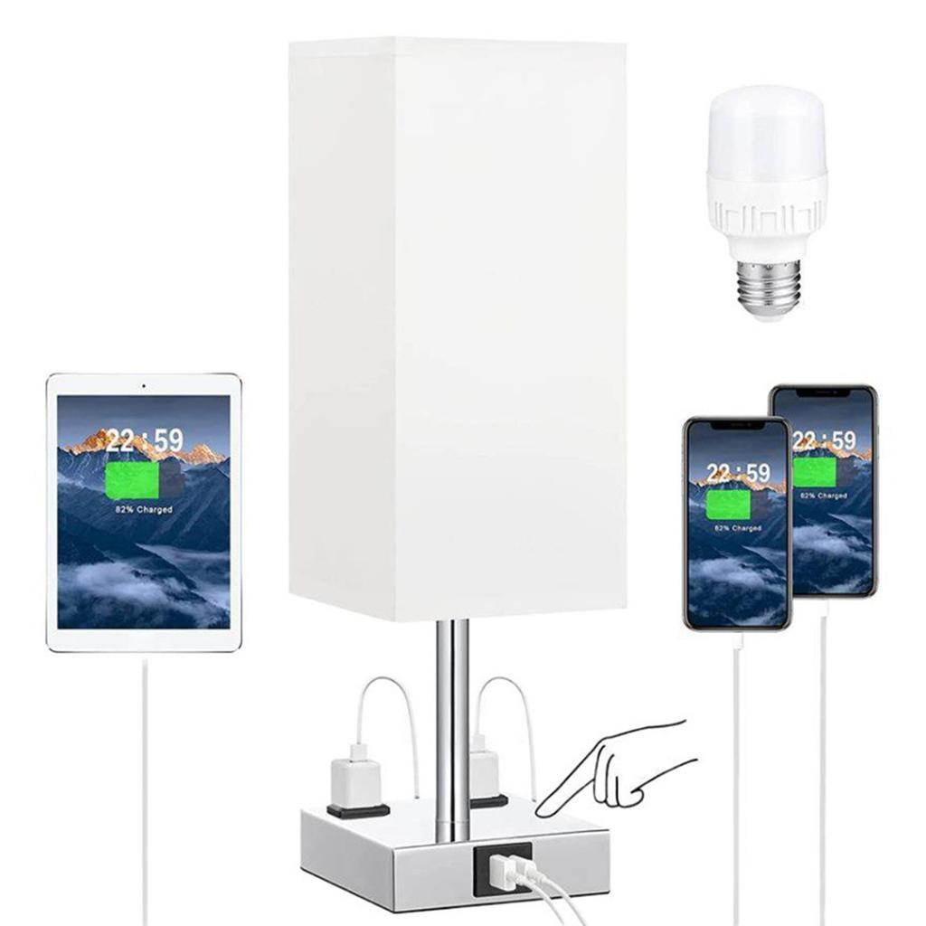 Fabric Bedside Table Lamp Nightstand Lamp with Warm White LED Bulb Desk Light Touch Control USB A