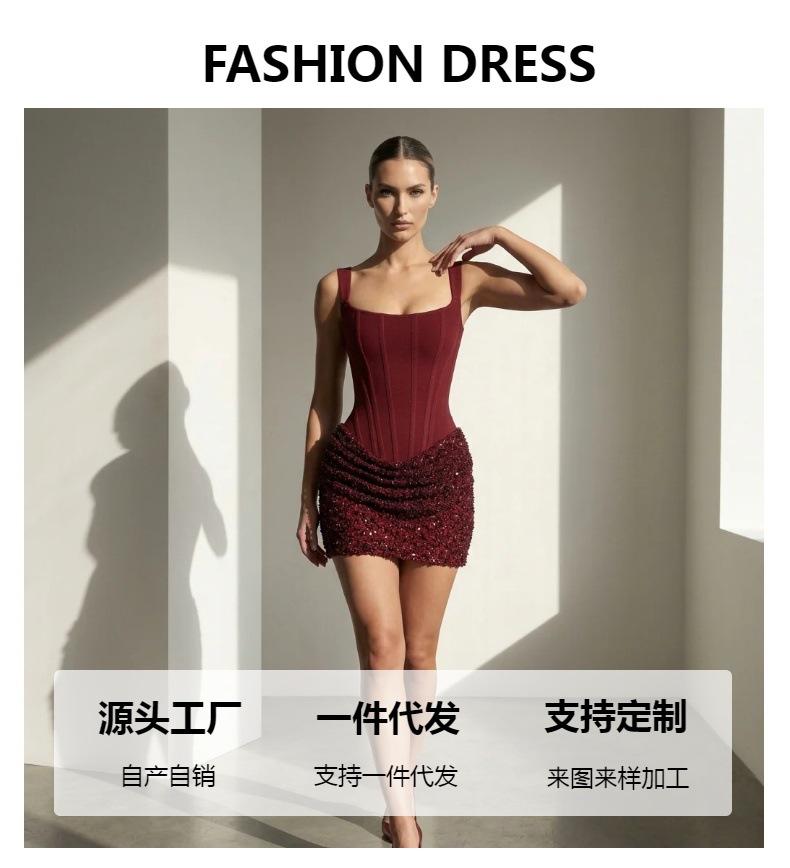 Special for light luxury sequins, sexy suspender hip skirt, square neck fish bone shaping, slim-fitting dinner party dress
