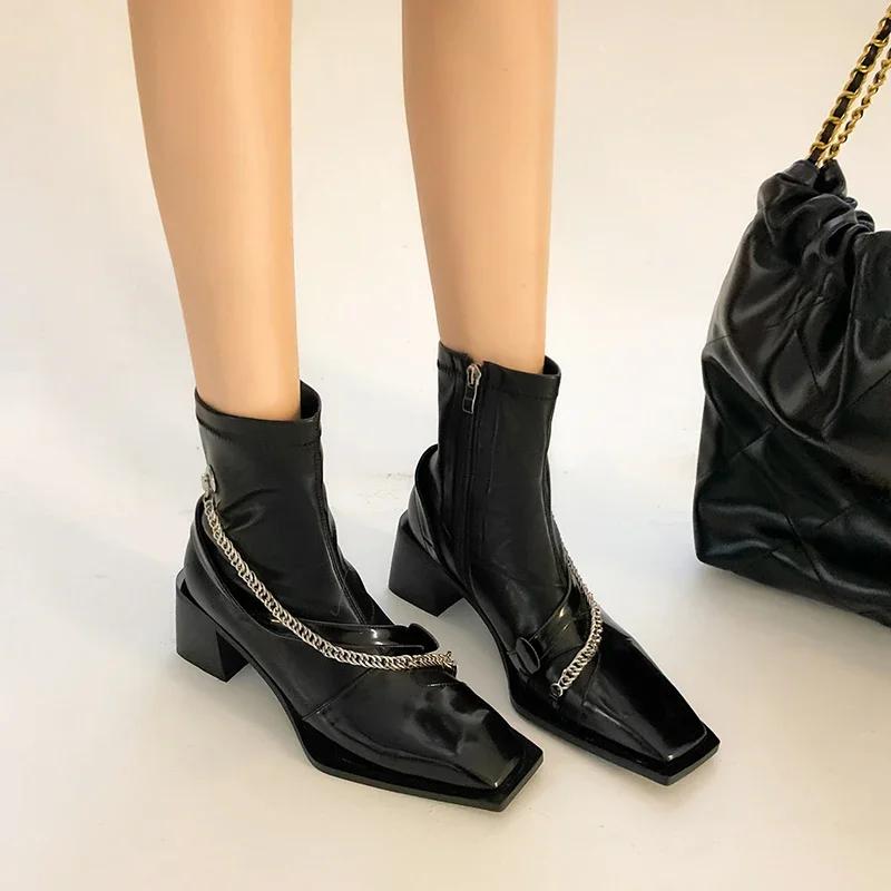 Designer Vintage Chelsea Boots Women Thick High Square Toe Zipper Autumn Winter Ladies Slim Short Booties