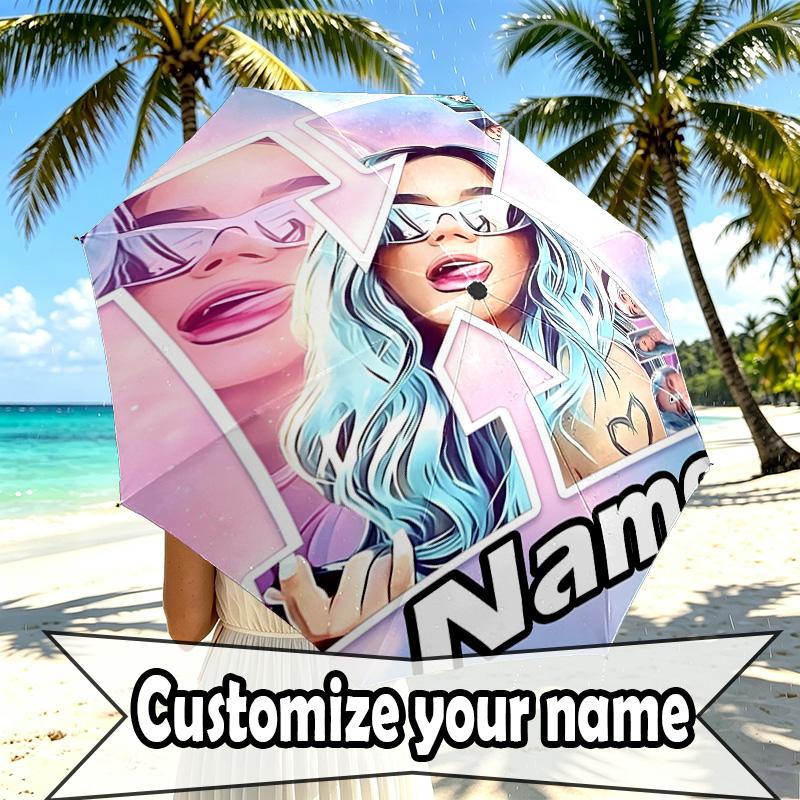 Custom Name Personalized Karol G Print Umbrella, Auto Open Close, 8‑Rib Sturdy Frame, Commute Camping Hiking Use, Birthday Gift