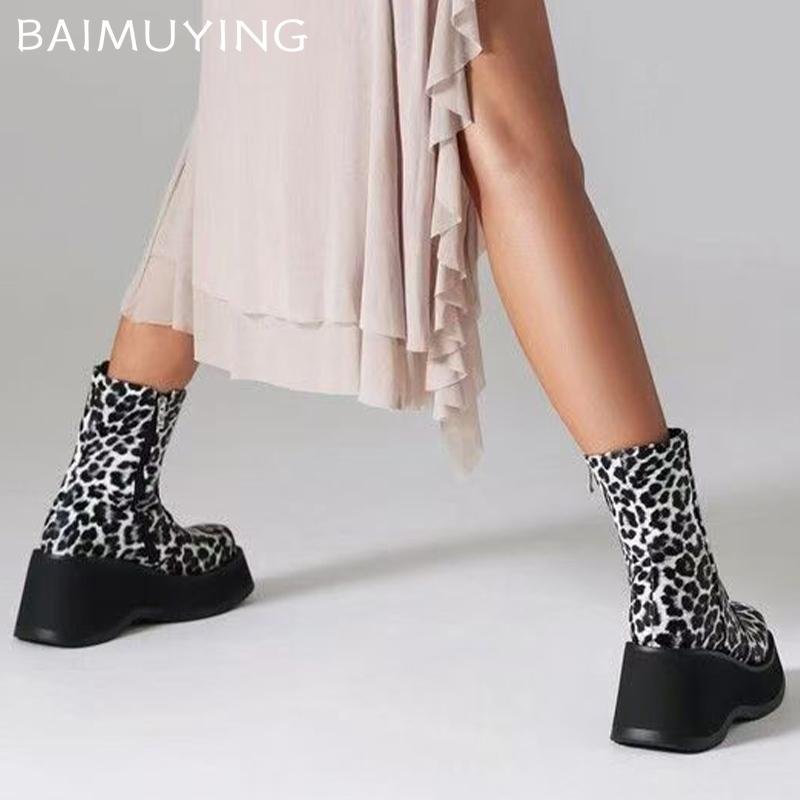 Leopard Platform Women Ankle Boots Fad Wedges High Heels Leather Shoes 2025 Trend Designer Goth Winter Motorcycle Botas De Mujer