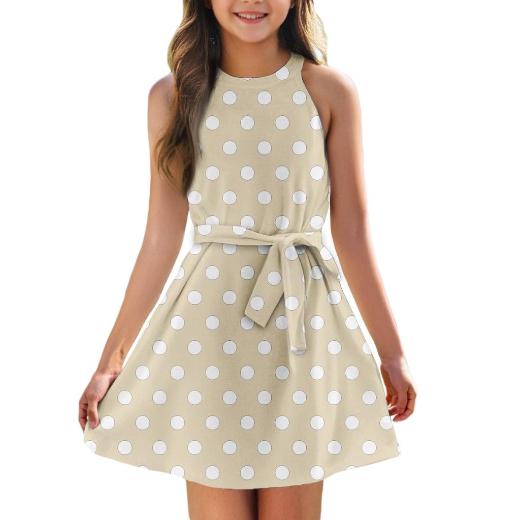 Летнее платье для девочек Платье без рукавов на бретельках Однотонное платье без рукавов с принтом Повседневное платье