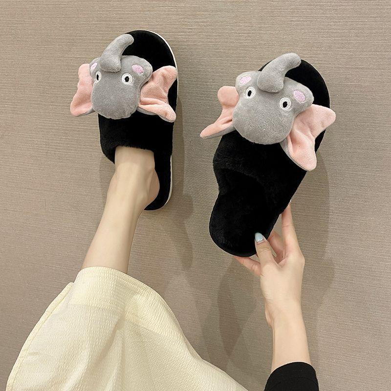 Home Soft Bottom Fluffy Slippers Fluffy Slippers Women's 2025 Winter Cute Sweet Cute Baby Elephant Girl Heart Cotton Slippers