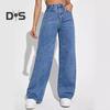 Женские джинсовые брюки с высокой талией, эластичные широкие джинсы с карманами, повседневные прямые джинсовые брюки на лето и осень