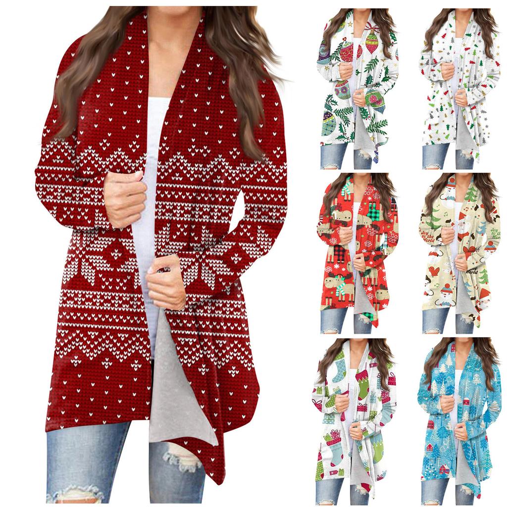 Women's Fashion Casual Christmas Print Medium Length Cardigan Jacket Coat