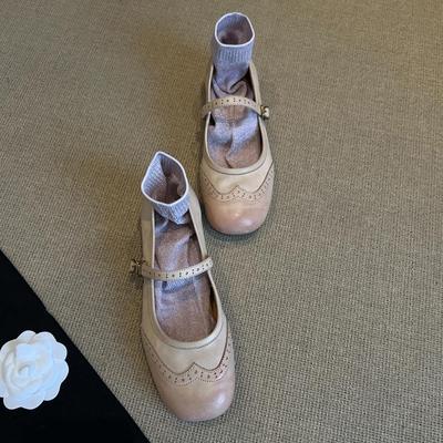 Туфли Мэри Джейн женские абрикосовые на плоской подошве с гравировкой, простые, с ремешком на одной пряжке