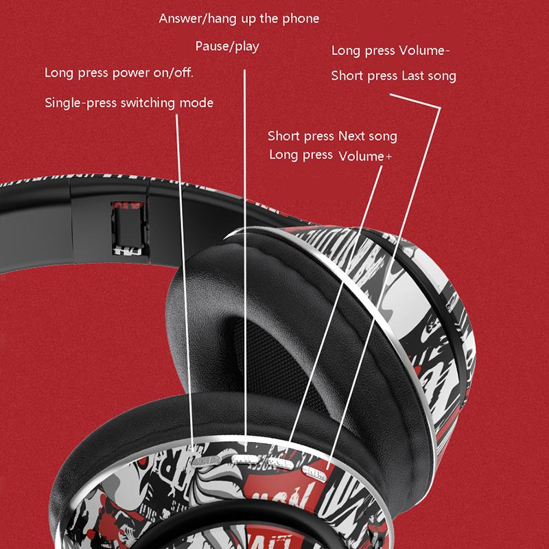 Новые цветные граффити-наушники со светодиодной подсветкой, беспроводные Bluetooth-гарнитуры, Hi-Fi стереонаушники, складные игровые наушники с шумоподавлением, гарнитура