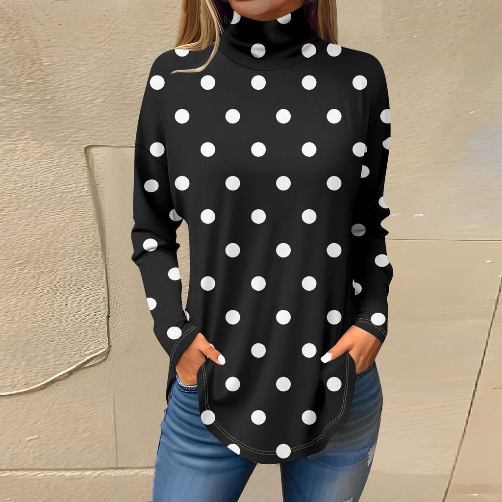 Футболки для женщин, осенние повседневные рубашки с длинными рукавами, толстовка с винтажным принтом, топ с высоким воротом, пуловер