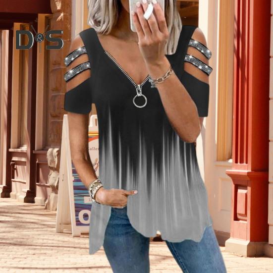 Женская летняя футболка с открытыми плечами, декор со стразами, короткие рукава, большие размеры, свободный подол, V-образный вырез, градиентный контрастный цвет, женская блузка