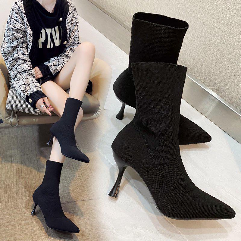European Autumn/Winter Stiletto Knitted Wool Pointed Toe Sock Ankle Boots: Slimming, Elastic High Heels for Women.