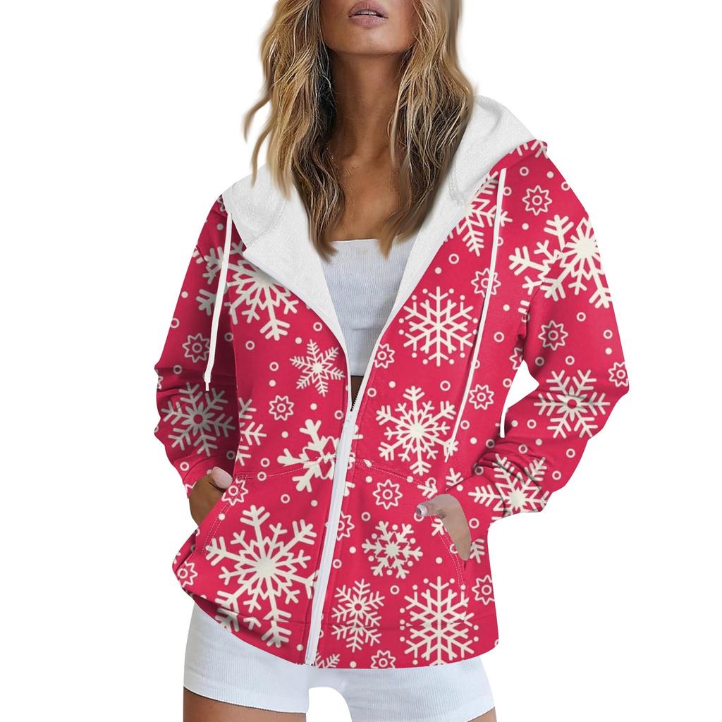 Women's Christmas Printed Sweatshirt Autumn Winter Long Sleeve Cardigan Jacket With Pockets Zipper Hoodie Outerwear