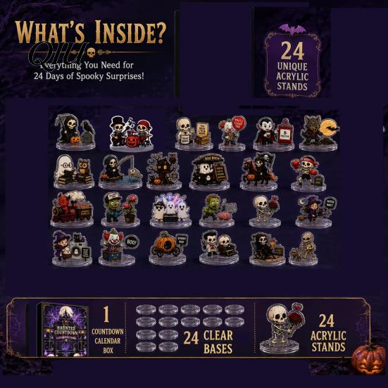 Cute Acrylic Collectibles Halloween Advent Calendar, 24 Day Haunted Countdown Box with Mini Compact Decor Figures, Spooky Collectible Toy Set