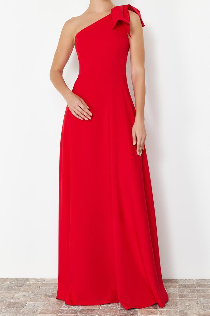 Women's Fashion New Evening Dress & Graduation Dress Black Bow One Sleeve Long Woven Evening Dress Graduation Dress