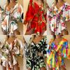 Women Fashion Floral Print V-Neck Bat Sleeve Asymmetric Lace-up Mini Shirt Dress
