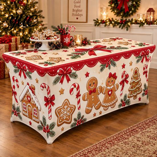 Indoor Outdoor Table Linens Christmas Stretch Cover, 4FT 6FT 8FT Gingerbread House Rectangular Protector, Festive Tablecloth for Candy Cane