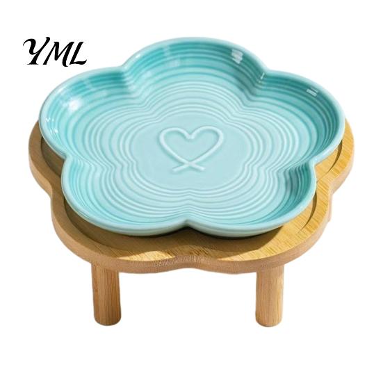 Ergonomic Cat Feeding Station Elevated Ceramic Pet Bowl with Raised Stand, Flower Shape Whisker Friendly Dish Plate for Neck Protection, Anti