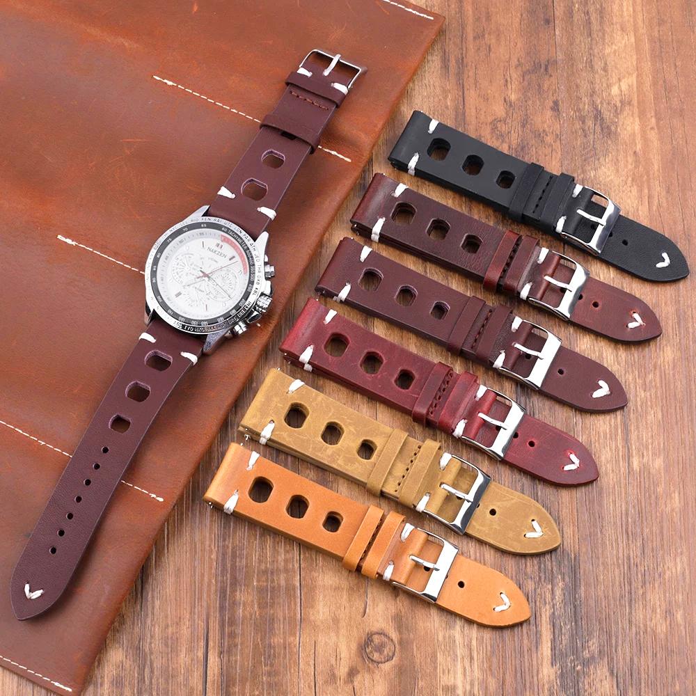 Vintage Leather Watch Strap 18mm 20mm 22mm 24mm Breathable Hole Hand Stitching Watchband for Men Women Replacement Wrist Belt