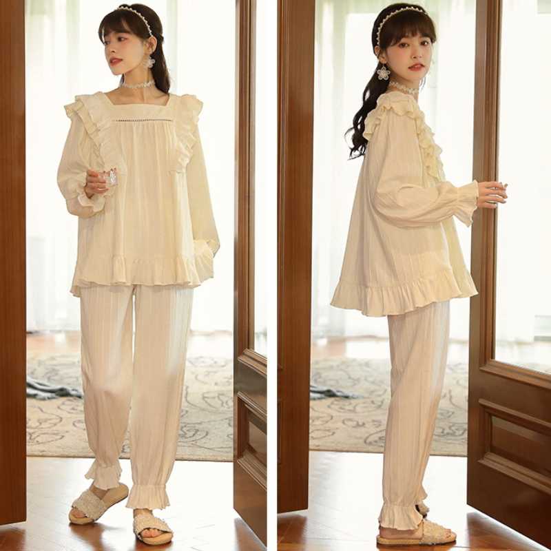 Autumn Winter Women Korean Temperament Retro Sweet Long-sleeved Cotton Pajamas Set Nordic Fashion Palace Style Princess Style Home Clothes