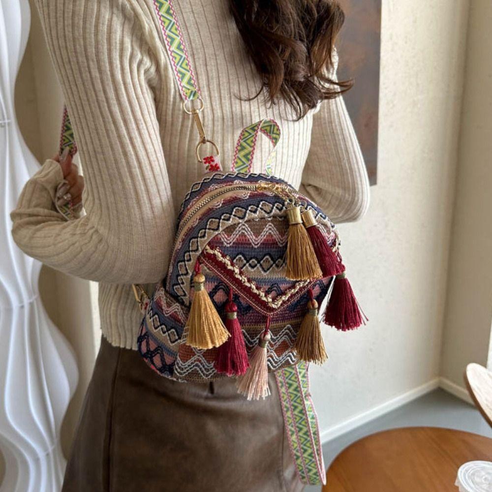 Stripe Ethnic Style Tassel Backpack Small School Bag Chinese Style Handbag Outdoor