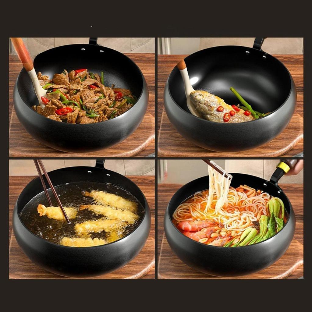 Чугунная сковорода с деревянной крышкой, сковорода для кипячения, индукционная плита, сковорода для жарки, китайский вок для кухни, отеля, дома, кемпинга